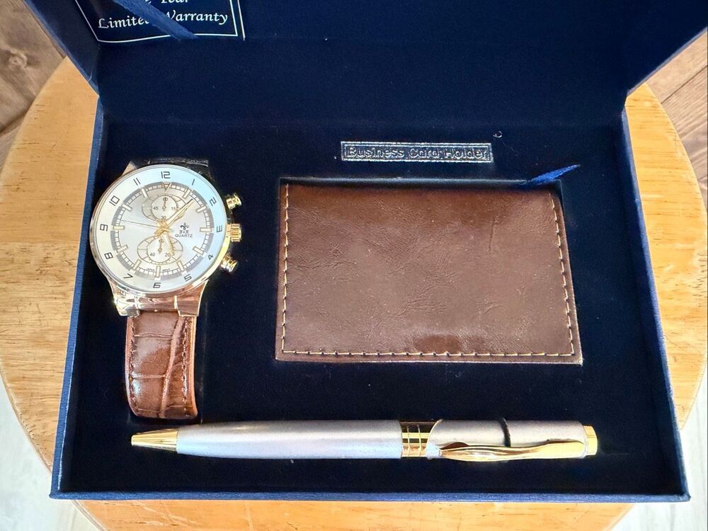 Bella & Rose Men’s Watch Pen & Business Card Holder Gift Set Brown Gold Tone (91